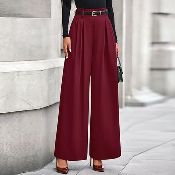 Dwellite Womens Wide Leg Trousers 2026 Elastic High Waisted Dress Pants Pleated Slacks Flowy Business Work Palazzo Pants Wine M