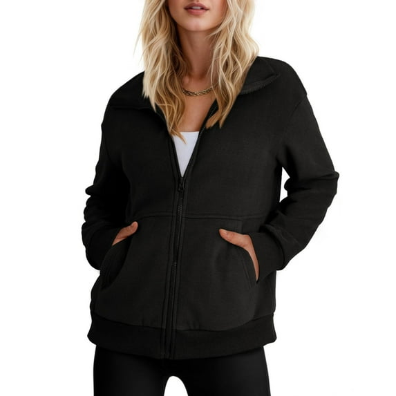 Dwellite Womens Zip Up Sweatshirts Oversized Lightweight Full Zip Jacket Y2k Preppy Fall Clothes with Pockets Black S
