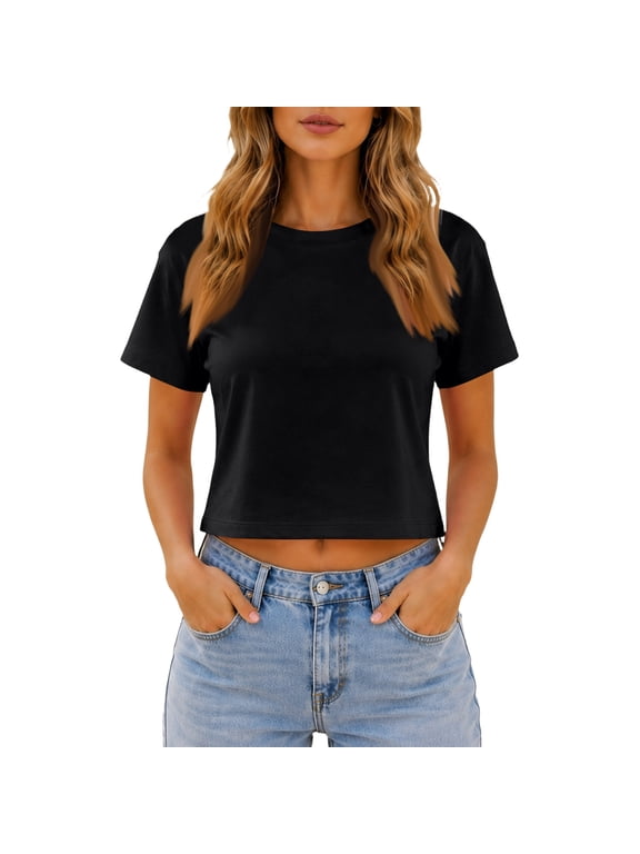 Workout Crop Tops Oversized Tshirts for Women Drop Shoulder Crewneck Short Sleeve Shirts 2026 Black L