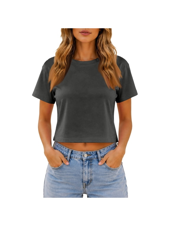 Workout Crop Tops Oversized Tshirts for Women Drop Shoulder Crewneck Short Sleeve Shirts 2026 Dark Gray S