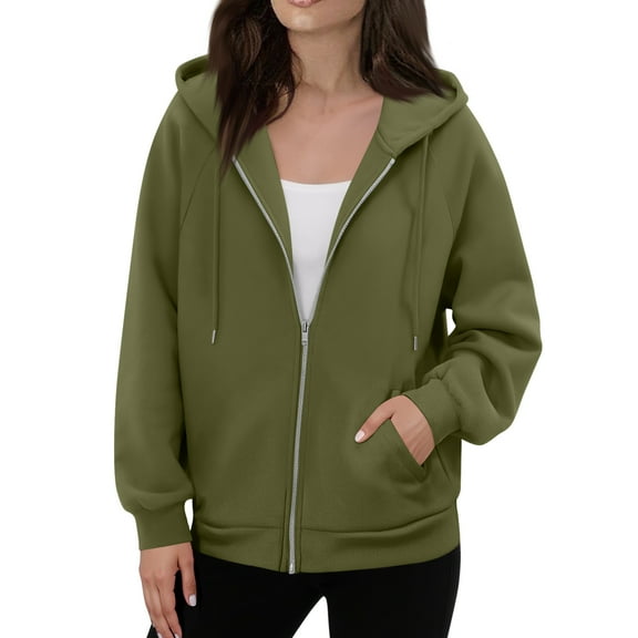 Dwellite Zip Up Hoodies Women 2025 Fall Winter Oversized Sweatshirs Casual Drawstring Pullover Tops Y2k Clothes Long Sleeve Jackets Army Green M