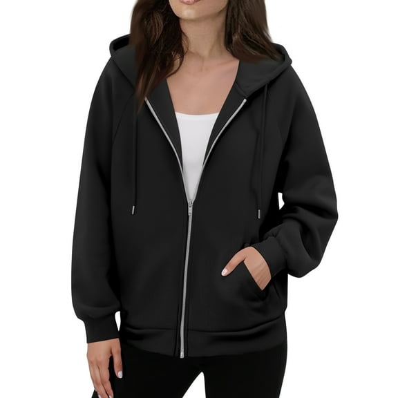 Dwellite Zip Up Hoodies Women 2025 Fall Winter Oversized Sweatshirs Casual Drawstring Pullover Tops Y2k Clothes Long Sleeve Jackets Black M