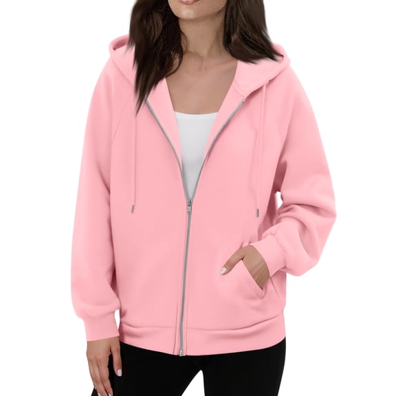 Dwellite Zip Up Hoodies Women 2025 Fall Winter Oversized Sweatshirs Casual Drawstring Pullover Tops Y2k Clothes Long Sleeve Jackets Pink M