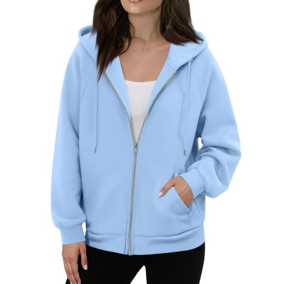 Dwellite Zip Up Hoodies Women 2025 Fall Winter Oversized Sweatshirs Casual Drawstring Pullover Tops Y2k Clothes Long Sleeve Jackets Sky Blue 2XL