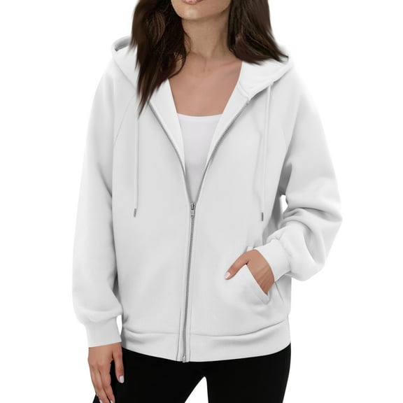 Dwellite Zip Up Hoodies Women 2025 Fall Winter Oversized Sweatshirs Casual Drawstring Pullover Tops Y2k Clothes Long Sleeve Jackets White L
