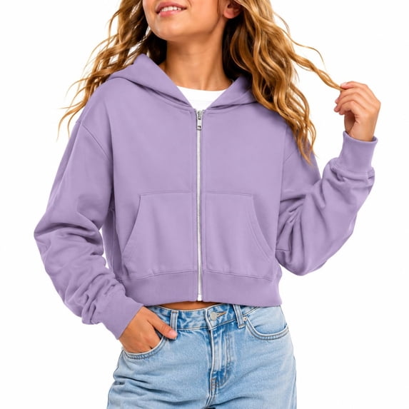 Dwellite Zip-Up Hoodies for Girls Fall Winter Casual Lightweight Sweatshirts with Pockets 5-13 Years Light Purple 150
