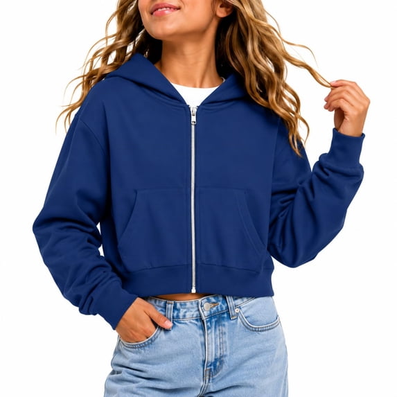 Dwellite Zip-Up Hoodies for Girls Fall Winter Casual Lightweight Sweatshirts with Pockets 5-13 Years Royal Blue 150