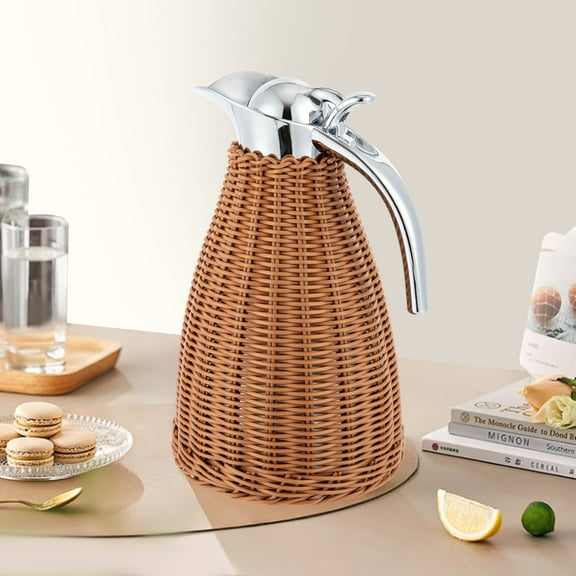 Dwellnix 1.5L Rattan Thermal Jug, Retro Beverage Dispenser, Insulating for 24 Hours, One-Hand Push Button, U-Spout for Easy Pouring, Comfortable Handle
