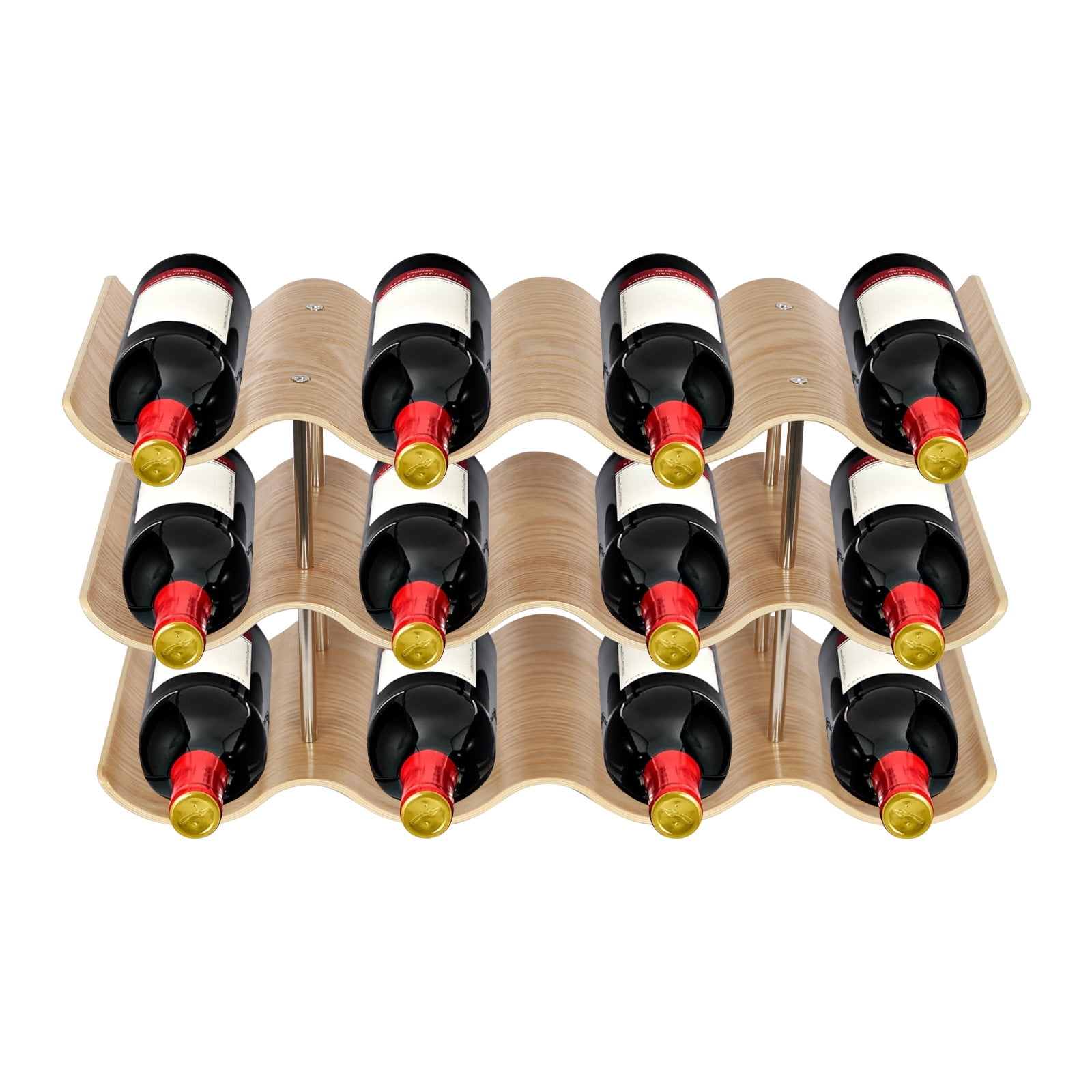 Dwellnix 12-Bottle Wavy Wine Rack, Elegant Wooden & Nickel-Plated Steel ...