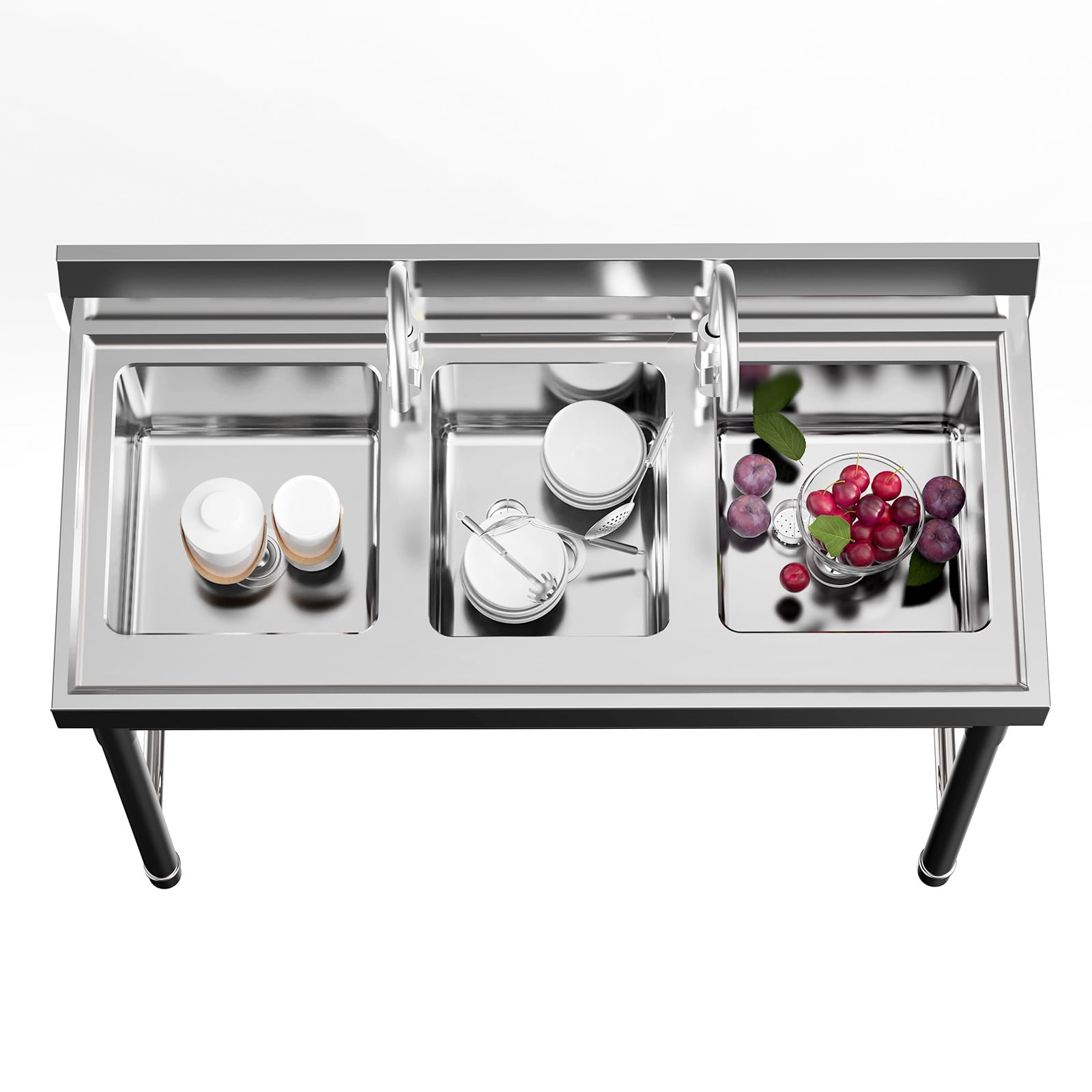 Dwellnix 3-Compartment Outdoor Utility Sink with 2 Faucets, 304 Stainless Steel Design, Adjustable Feet for Garage/Commercial Use