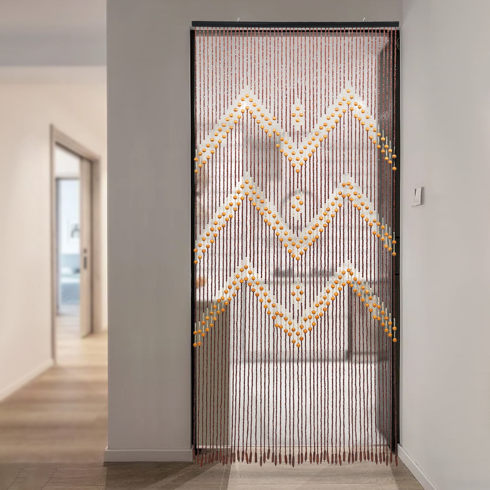 Dwellnix Bamboo Beaded Curtain - Handmade Wooden Beads with Cotton Thread, Stylish Zigzag Design for Doorway or Bedroom, Adds Privacy & Cultural Aesthetic