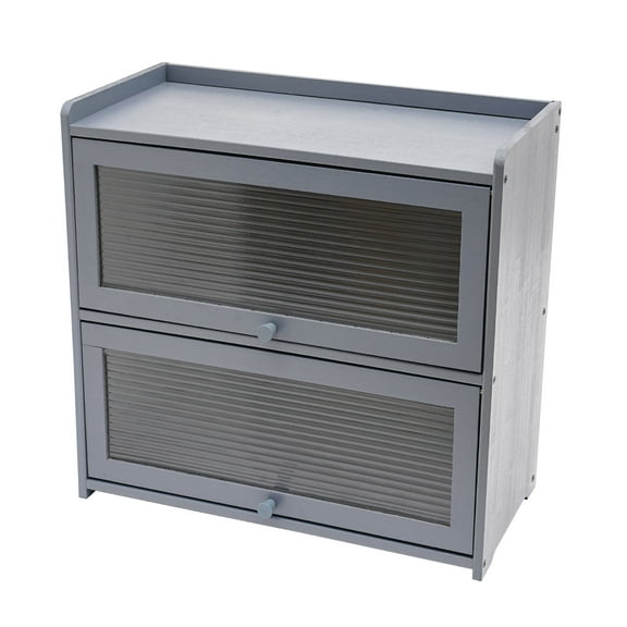 Dwellnix Bamboo Countertop Organizer with Doors, 2 Shelf Compact Storage Cabinet, Gray Freestanding Unit for Kitchen or Bedroom Surfaces