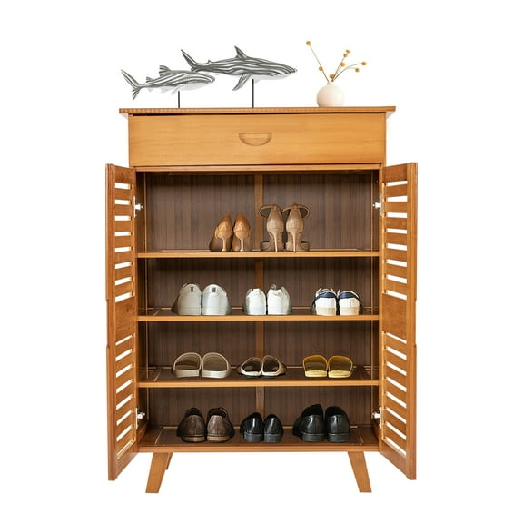 Dwellnix Bamboo Shoe Cabinet Widen Shoe Storage Cabinet 1 Drawer and 2 Doors Entryway
