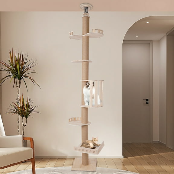 Dwellnix Cat Tree Ceiling Mount Wooden Cat Tower with Scratching Posts andMulti Tier Platforms forIndoor Cats andApartments