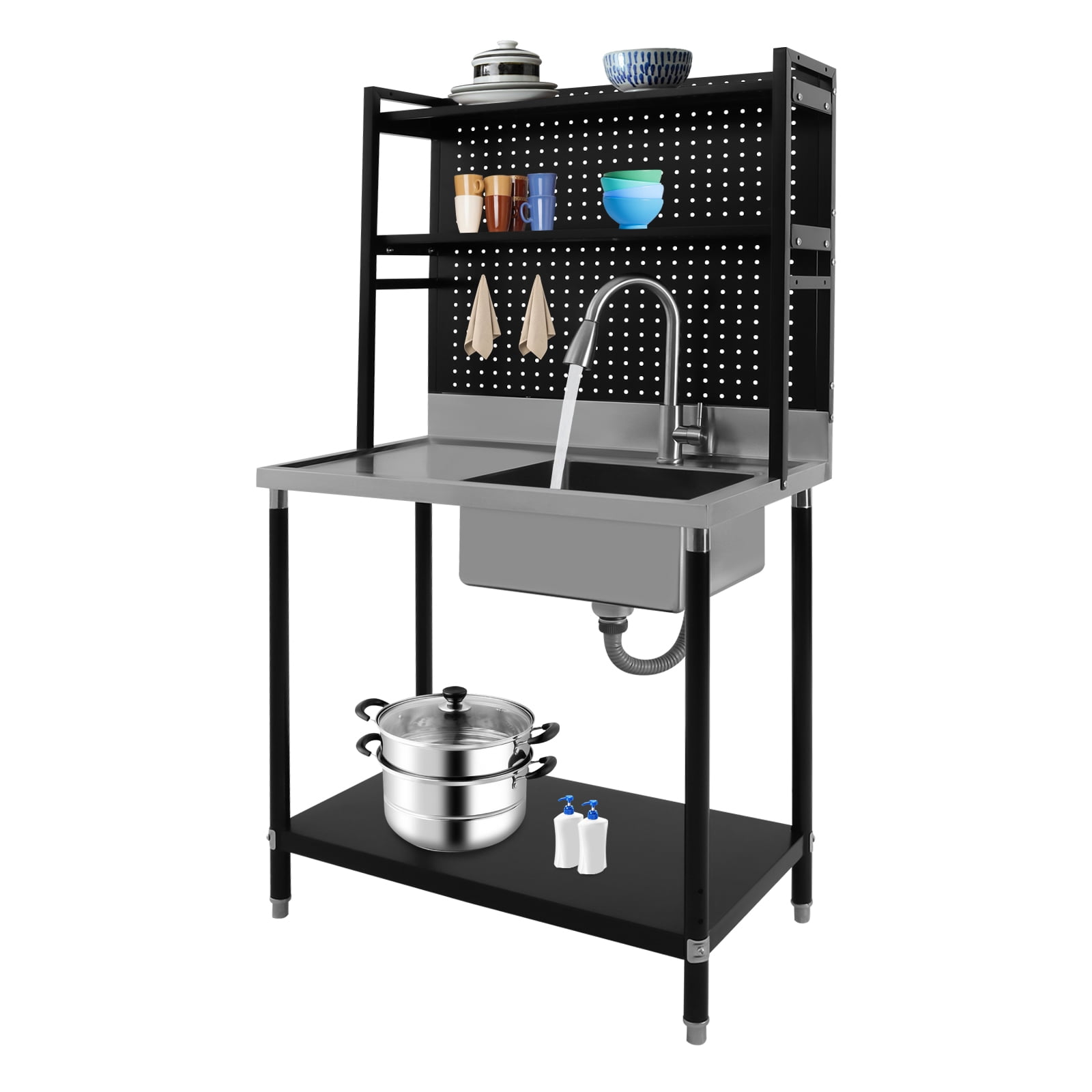 Dwellnix Commercial Restaurant Sink with Two Adjustable Shelves, Large Capacity Stainless Steel Kitchen Sink, Ideal for Professional Kitchens