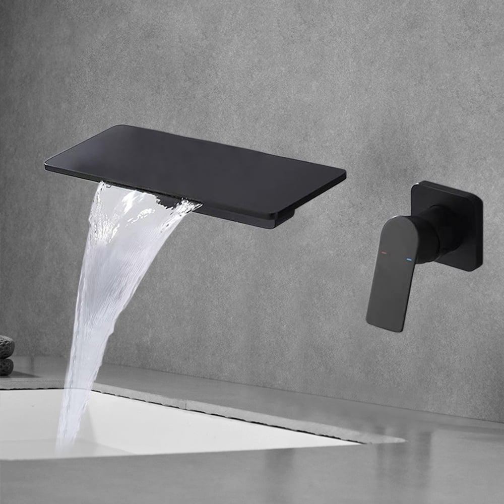 Dwellnix Copper Waterfall Faucet with Concealed Installation, Matte Black Wall-Mounted Faucet for Bathroom, Kitchen, and Modern Sink Areas
