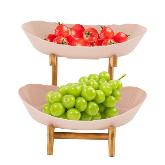 Dwellnix Durable 2-Tier Fruit Basket with Bamboo Wood and Food-Grade PP, Detachable Bowls, Non-Slip Base, Easy Assembly and Cleaning Perfect for Displaying Fruits, Ideal Gift for Friends and Family