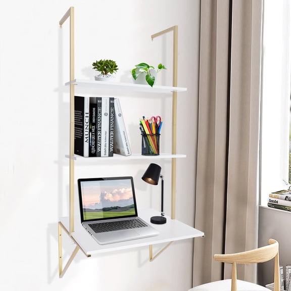 Dwellnix Floating Wall Desk, 3-Tier Modern Design with Eco-Friendly Ecological Board, Gold Steel Frame, Space-Saving Desk for Small Rooms and Offices