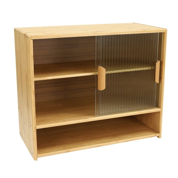 Dwellnix Freestanding Bamboo Storage Cabinet, 3-Tier Sideboard with Sliding Glass Doors, Multi-purpose Organizer for Kitchen, Bathroom, and Living Room Storage