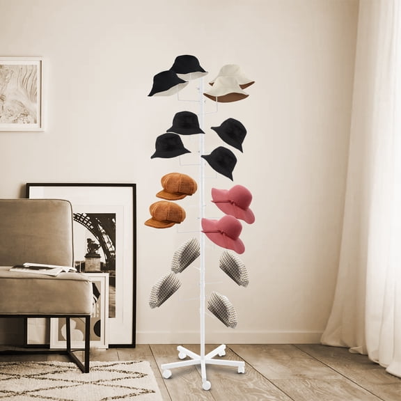Dwellnix Freestanding Hat Display Rack with 16 Hooks, Adjustable Hat Holder, Durable Iron Frame, Lockable Wheels for Easy Mobility, Perfect for Retail, Cloakroom, or Bedrooms