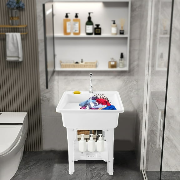 Dwellnix Freestanding Plastic Laundry Sink with 360° Rotating Faucet, Adjustable Feet & Hot & Cold Water Supply, Perfect for Laundry Rooms, Pet Baths, and Outdoor Use