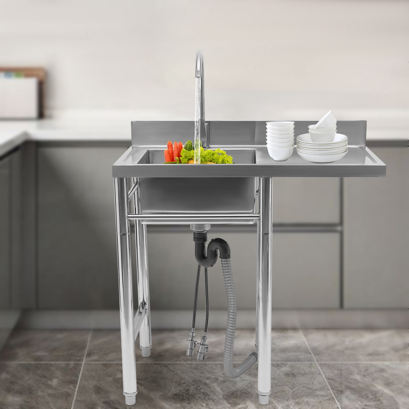 Dwellnix Freestanding Stainless Steel Sink with Drainboard, Large Deep Basin, Hot & Cold Water Faucet, and Adjustable Feet – Perfect for Kitchen & Laundry Room