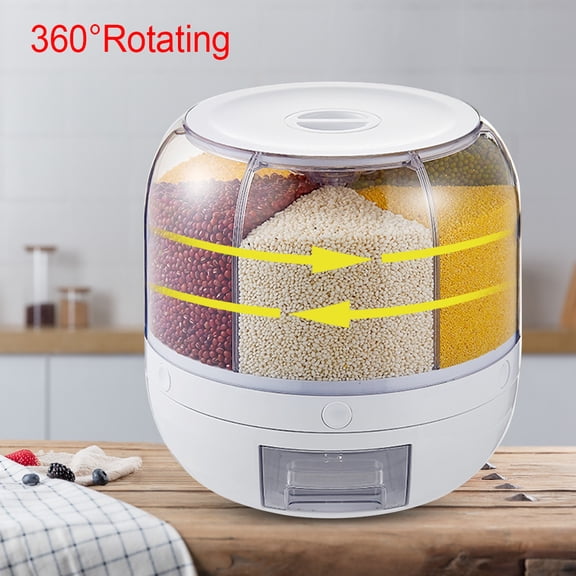 Dwellnix Grain and Rice Storage Container, 6 Grid Grain Dispenser, 360° Rotating Food Dispenser, Airtight Storage, Rice Dispenser, Upgrade 6 Compartment Rotating Rice Dispenser Storage Container