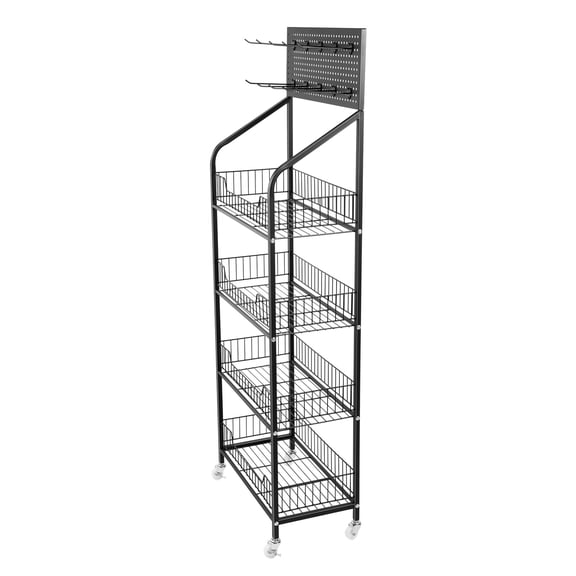 Dwellnix Metal 4-Tier Snack Display Rack, Adjustable Storage Baskets with Universal Wheels & Hooks, Ideal for Kitchens, Cafes, and Supermarkets