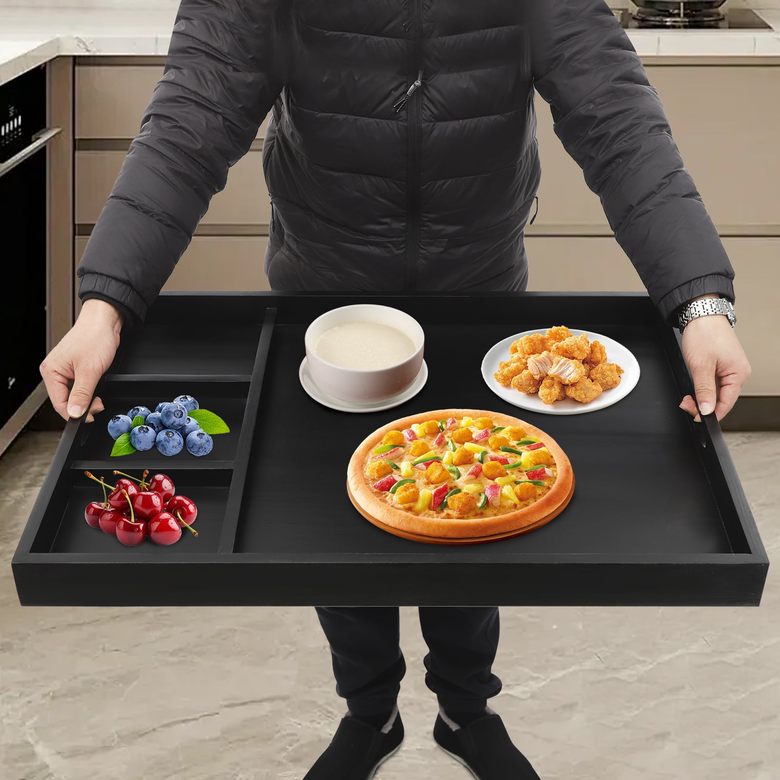 Dwellnix Pine Wood Stove Top Cover, Countertop Protector with Three Compartments, Easy-to-Clean Design for Kitchen Use & Meal Prep, Durable 66.14 lbs Load Capacity