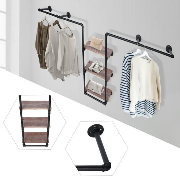 Dwellnix Space-Saving Wall Shelf with Hanging Rods, Industrial Pipe Design, 3 Wooden Shelves for Clothes & Display, Ideal for Home, Studio & Clothing Stores