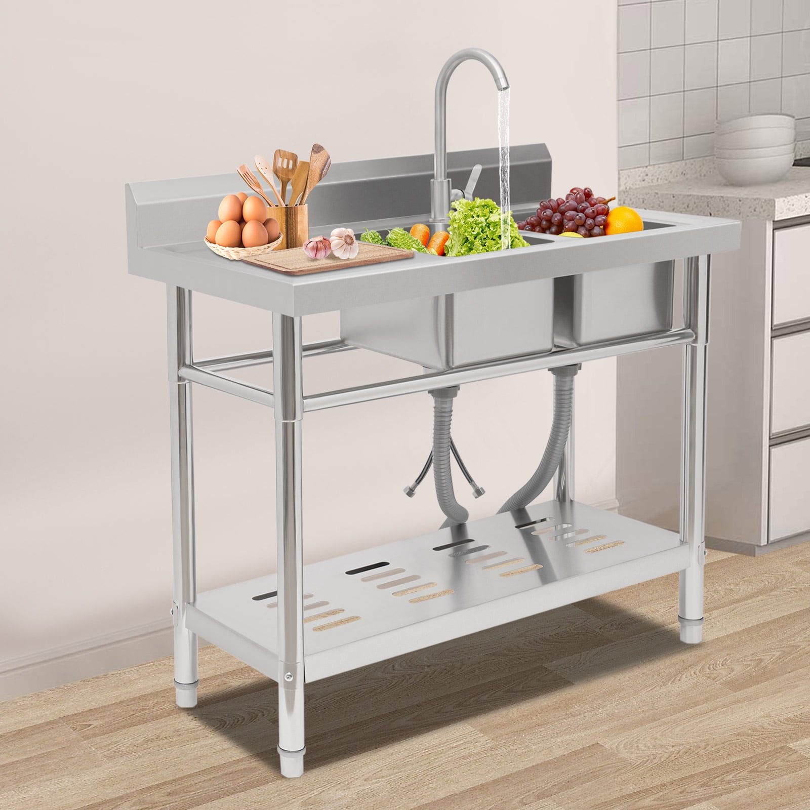 Dwellnix Stainless Steel Sink with Backsplash and Adjustable Faucet, Heavy-Duty Countertop (330 lbs Capacity), Ideal for Kitchen & Laundry