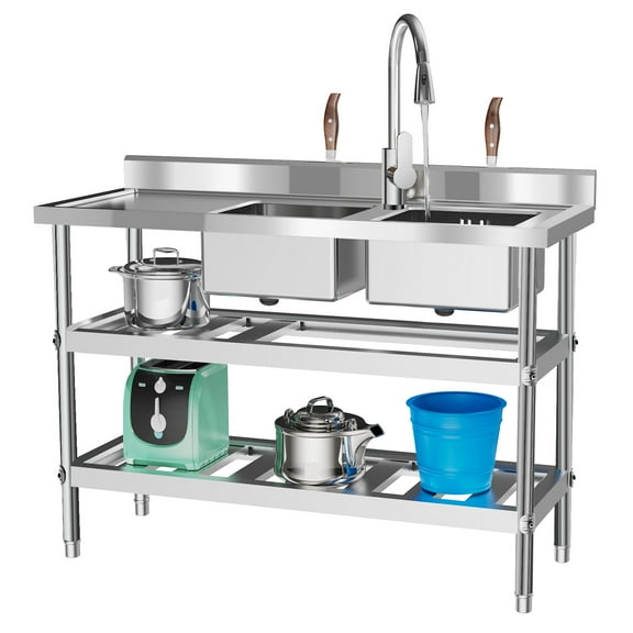 Dwellnix Stainless Steel Utility Sink - Free Standing Double Bowl Kitchen Sink with Workbench & Storage Shelves, Commercial Restaurant Utility Sink for Laundry Room, Backyard, Garages