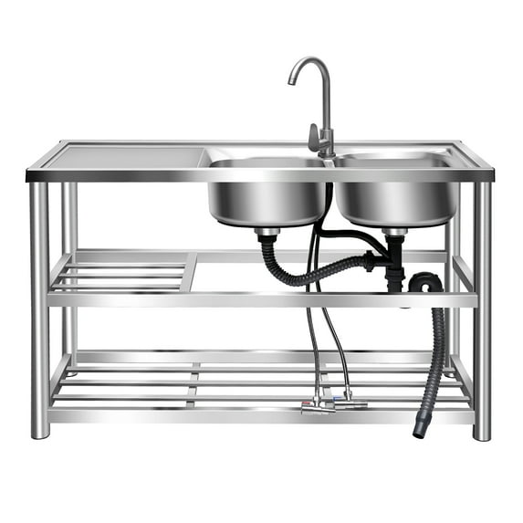Dwellnix Silver 304 stainless steel utility sink with faucet and shelves, 12.6in x 12.6in x 6.3in
