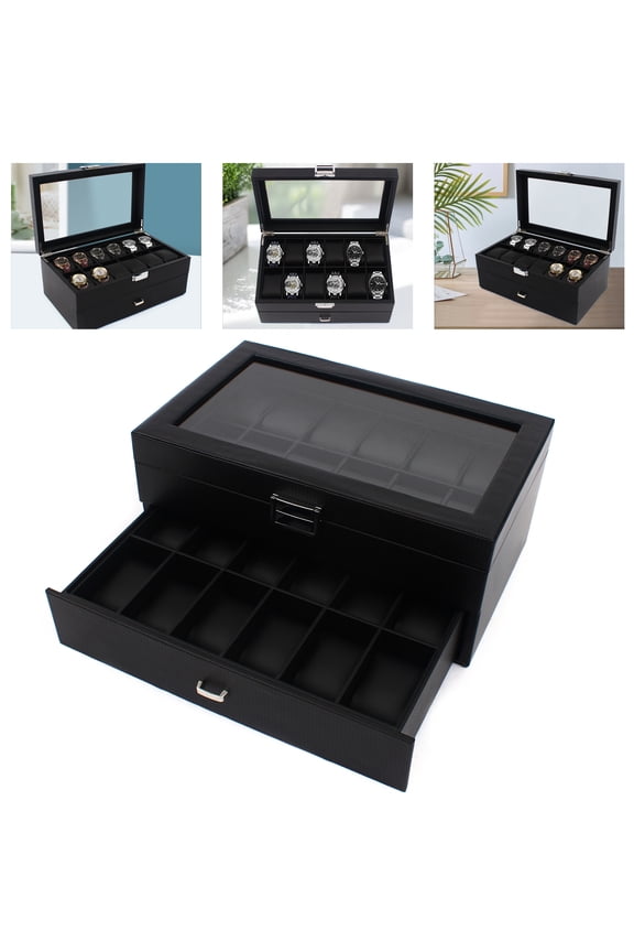 Watch Storage Boxes 24 Slot Lockable 2 Tier Organizer Watch Showcase Glass Top
