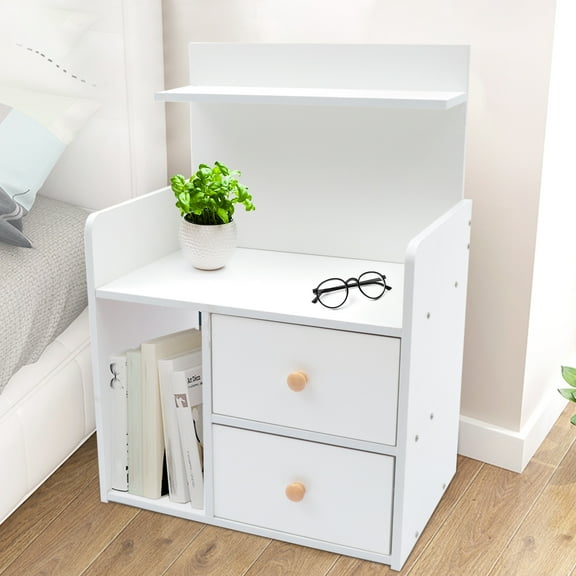 Dwellnix White Bedside Table with 2 Drawers, Compact Storage Nightstand, MDF Construction, Stylish Irregular Cube Design for Bedroom, Living Room & Small Spaces