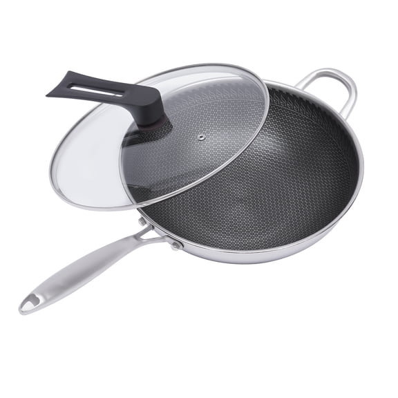 Dwellnix Wok Edelstahl Wok mit Deckel Lange Griff Antihaft Kratzfest Pfanne Kochen 30cm