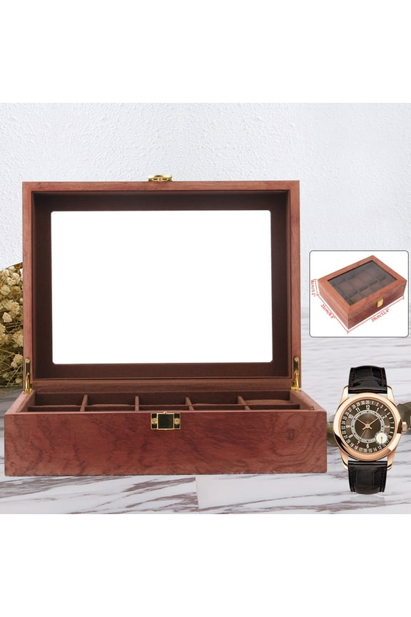 Wooden Watch Box with 10 Slots, Velvet Cushions, Red Wood Finish, Display Window, Watch Organizer for Desk, Bedroom & Office, Perfect Storage for Watches & Jewelry