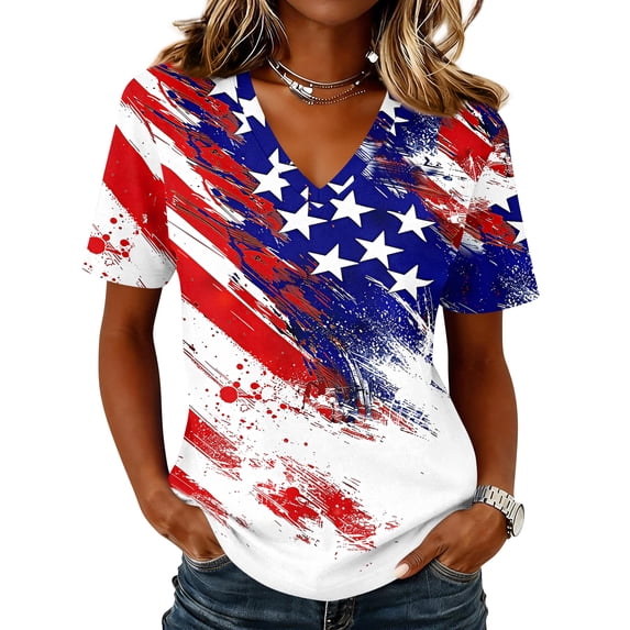 Dweltoz 250 Anniversary Usa Tshirts for Women 1776-2026 4th July Patriotic Tops V-Neck Short-Sleeved Usa Flag Independence Day Tee,White L