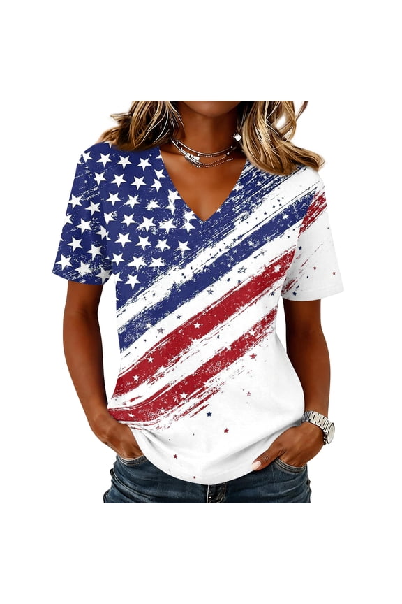 250 Anniversary Usa Tshirts for Women 4th Of July Patriotic Shirt V-Neck Short-Sleeved Usa Flag 250th Birthday Tee,Sky Blue L