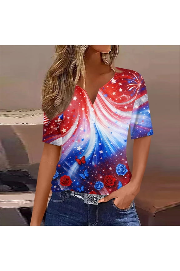 250 Year Anniversary Usa 4th Of July America Women T-Shirt Short Sleeve Usa Print Top V Neck Button Tshirts 4th Of July Casual Solid Color Pullover,Light Blue M