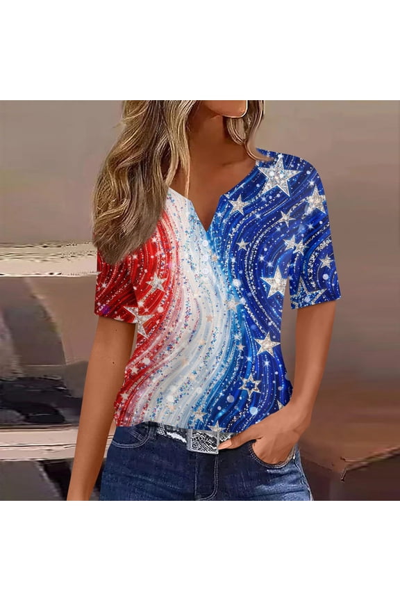 250 Year Anniversary Usa 4th Of July America Women T-Shirt Short Sleeve Usa Print Top V-Neck Button Tshirts Usa American Flag Casual Solid Color Tee,Royal Blue XL