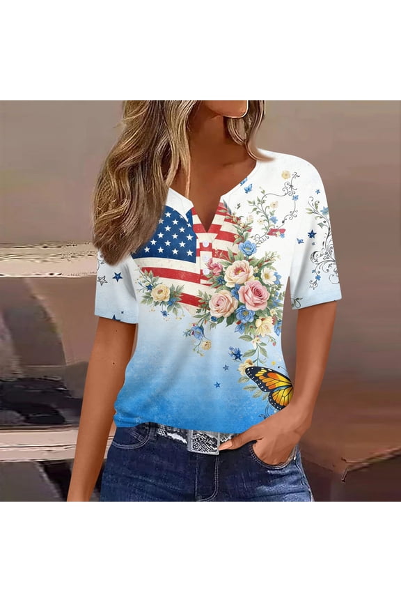 250 Year Anniversary Usa 4th Of July America Women T-Shirt Short Sleeve Usa Printed Top V Neck Button Up Tshirts Independence Day Casual Solid Tee,Sky Blue M