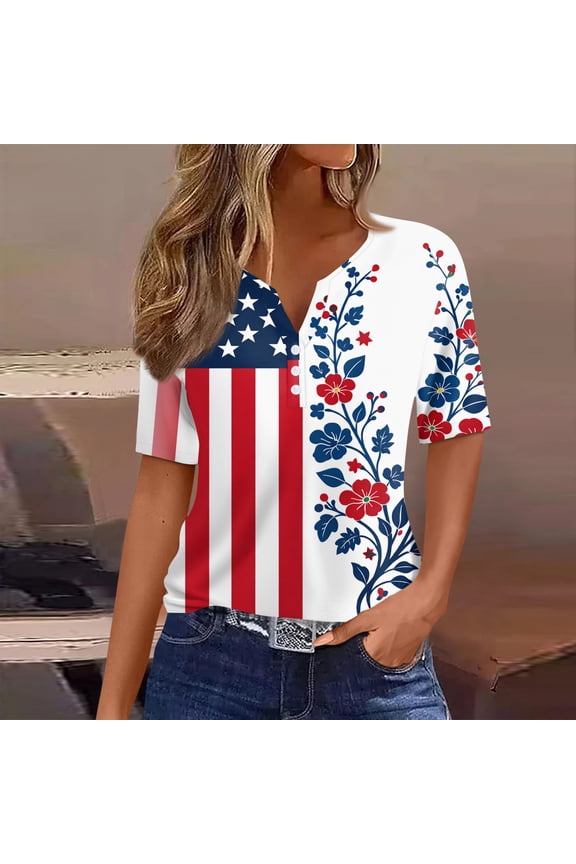 250 Year Anniversary Usa 4th Of July America Women T-Shirt Short Sleeve Usa Printed Tops V-Neck Button T Shirt Usa American Flag Casual Solid Color Tees,Light Blue M