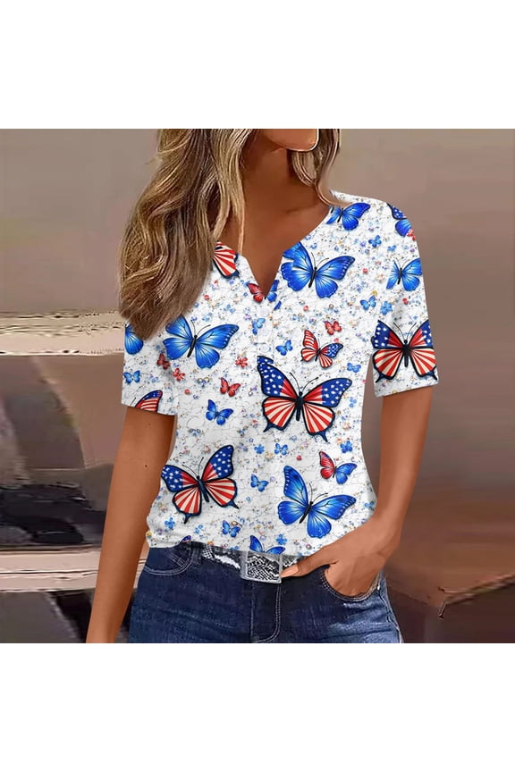 250 Year Anniversary Usa Shirts for Women Short Sleeve Usa Print Top V Neck Button Down Tshirt Usa American Flag Casual Solid Color Tee,Sky Blue S