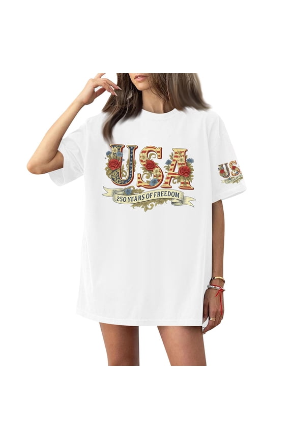 250 Year Anniversary Usa Shirts for Women Usa Printed Casual Top Short Sleeve Plus Size Freedom Shirt Summer 250 Year Anniversary Usa Solid Color Crewneck Tees,White S