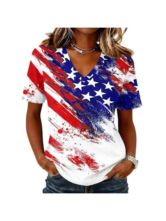 250th Anniversary Printed Women's T-Shirt 1776-2026 4th July Patriotic Shirt V Neck Short-Sleeved National Flag Independence Day Clothes,White XL