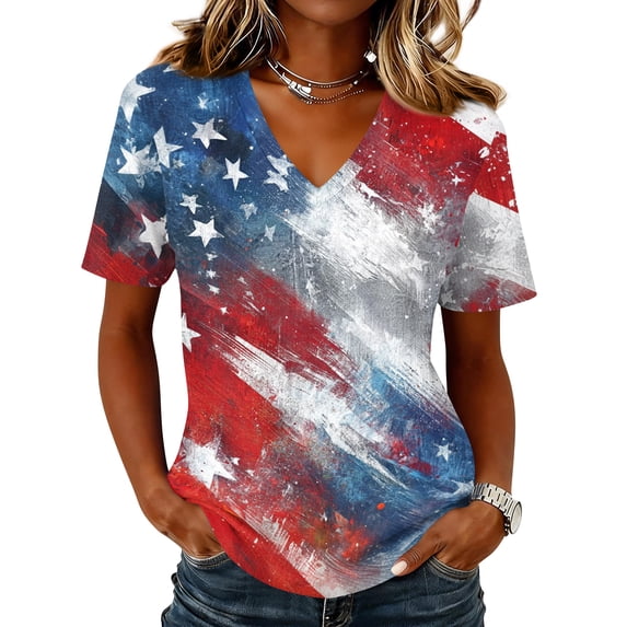Dweltoz 250th Anniversary Printed Women's T-Shirt 1776-2026 4th July Patriotic Tops V-Neck Short-Sleeved National Flag Independence Day Clothes,Watermelon Red L