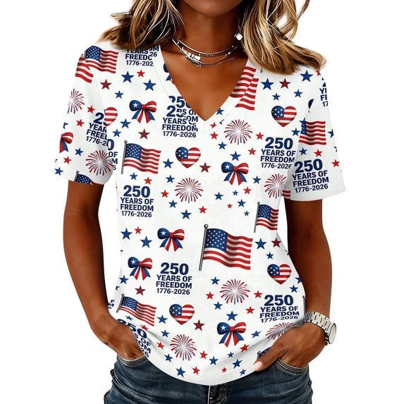 Dweltoz 250th Anniversary Printed Women's T-Shirt 4th Of July Patriotic Shirt V Neck Short-Sleeved National Flag Independence Day Clothes,White M
