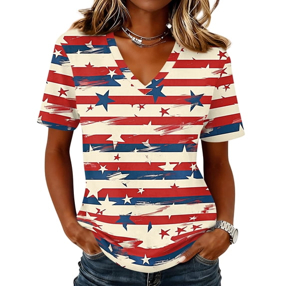 Dweltoz 250th Anniversary Tshirts for Women 1776-2026 4th July Patriotic Shirt V-Neck Short-Sleeved American Flag Red White and Blue 250th Birthday Clothes,Watermelon Red 2XL