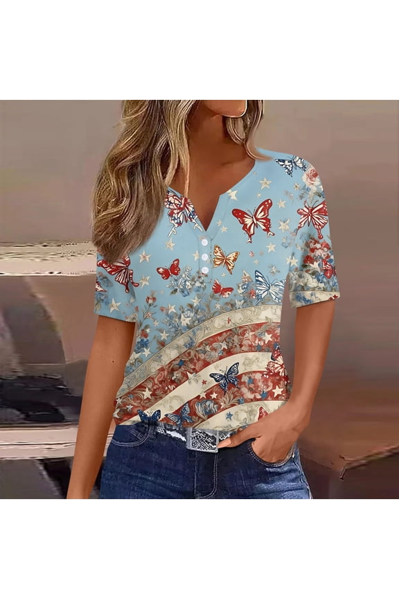250th Anniversary Usa Shirt Women's Short Sleeve Usa Print Tops V-Neck Button Tshirts 250 Year Anniversary Usa Casual Solid Tee,Light Blue S